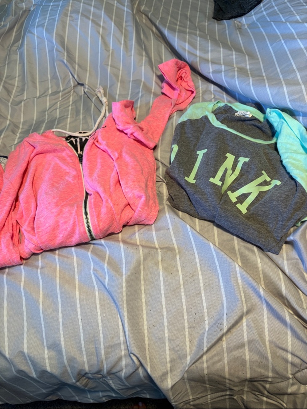 PINK Victoria's Secret Pink Zip Hoodie with Gray & Mint Raglan Tee